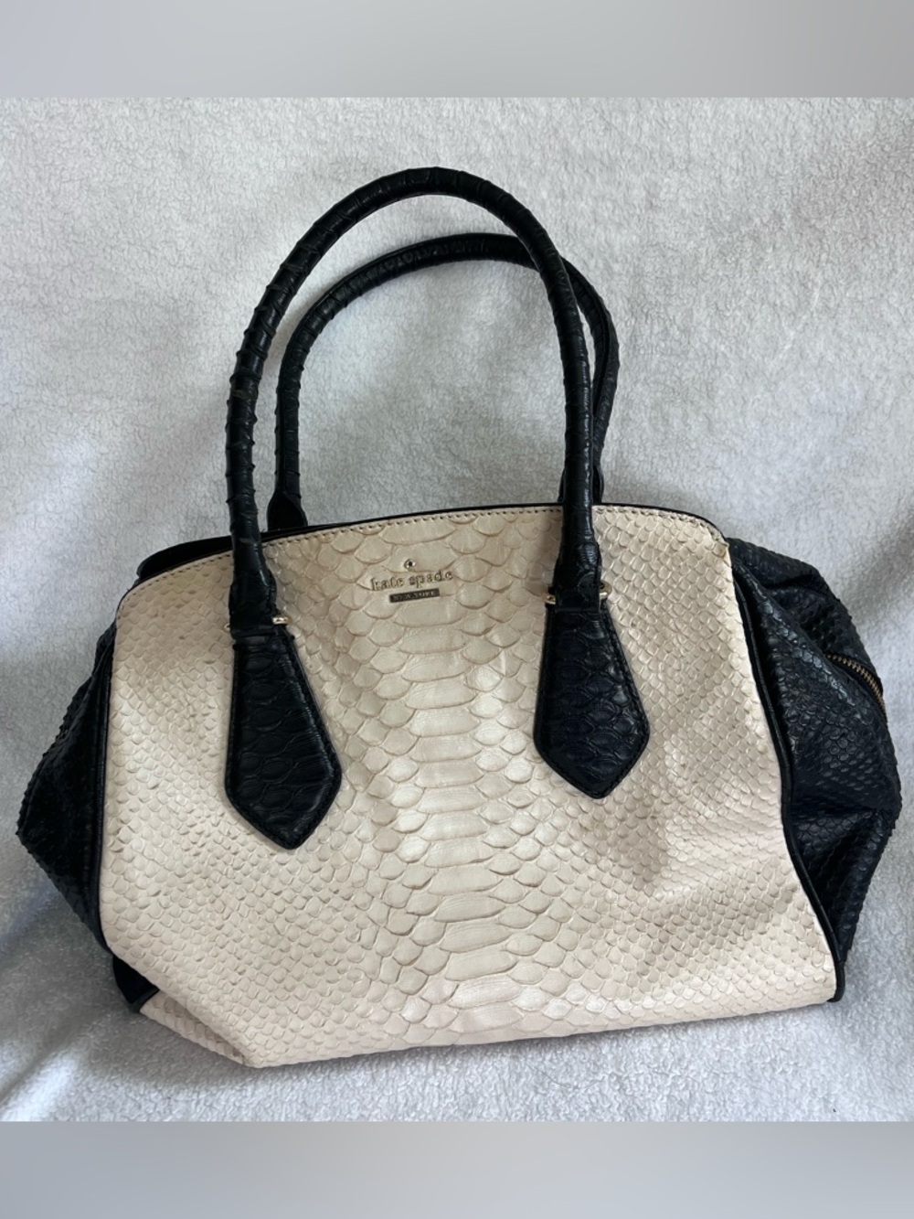 kate spade Cream and Black Textured Python-Embossed Satchel